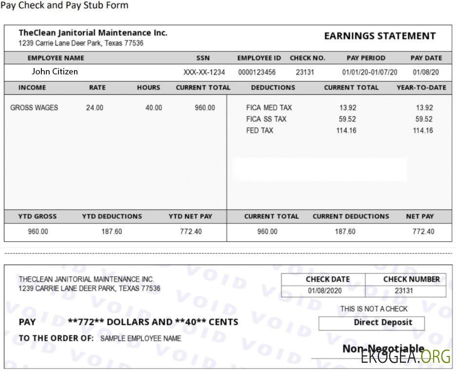 Bulletin de paie USA THE CLEAN Janitorial Mainenance Inc aux formats Word et PDF